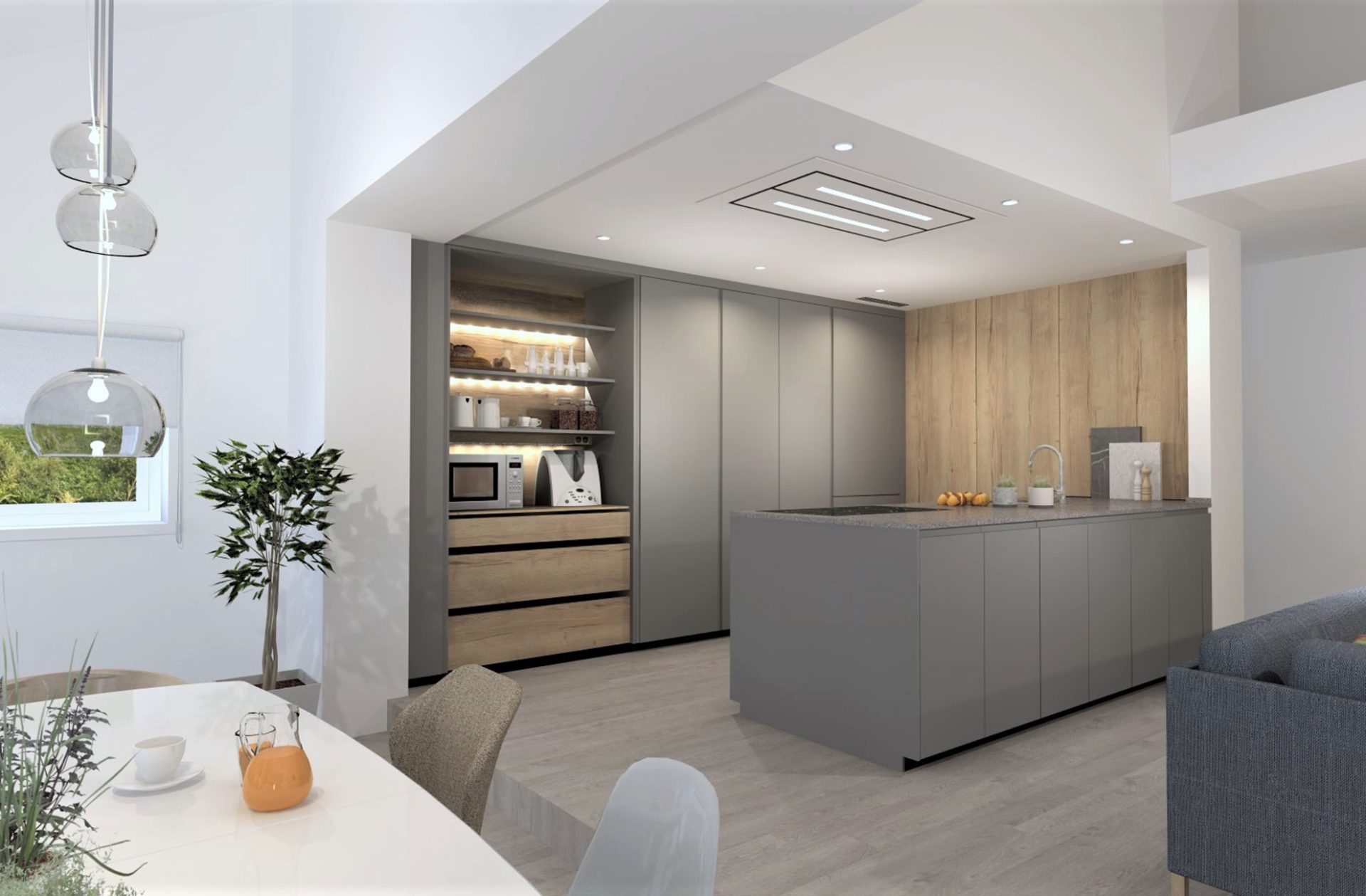 3D open-plan galley kitchen layout in grey and wood tones, separated from the living and dining areas by a peninsula.