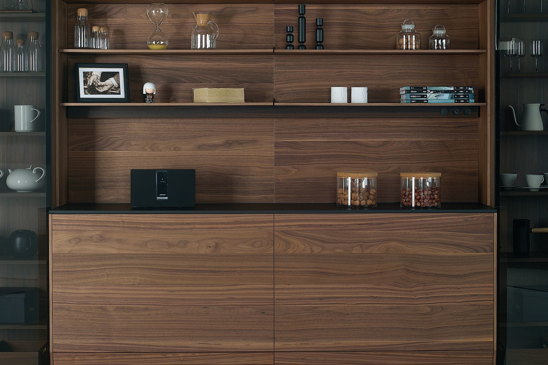 Image of an American Walnut veneer display cabinet and sideboard with base units and shelves
