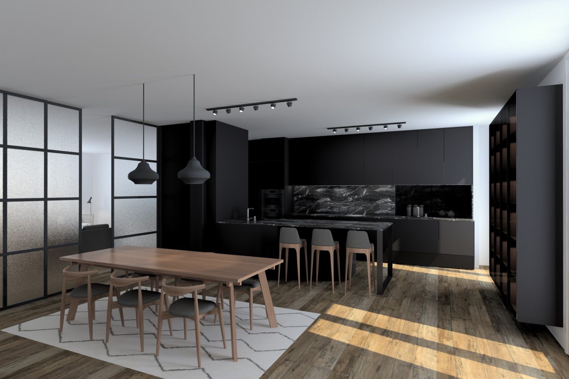 Image of black L-shaped display cabinet and kitchen units with grey worktop and credence, wooden high chairs, tables and chairs