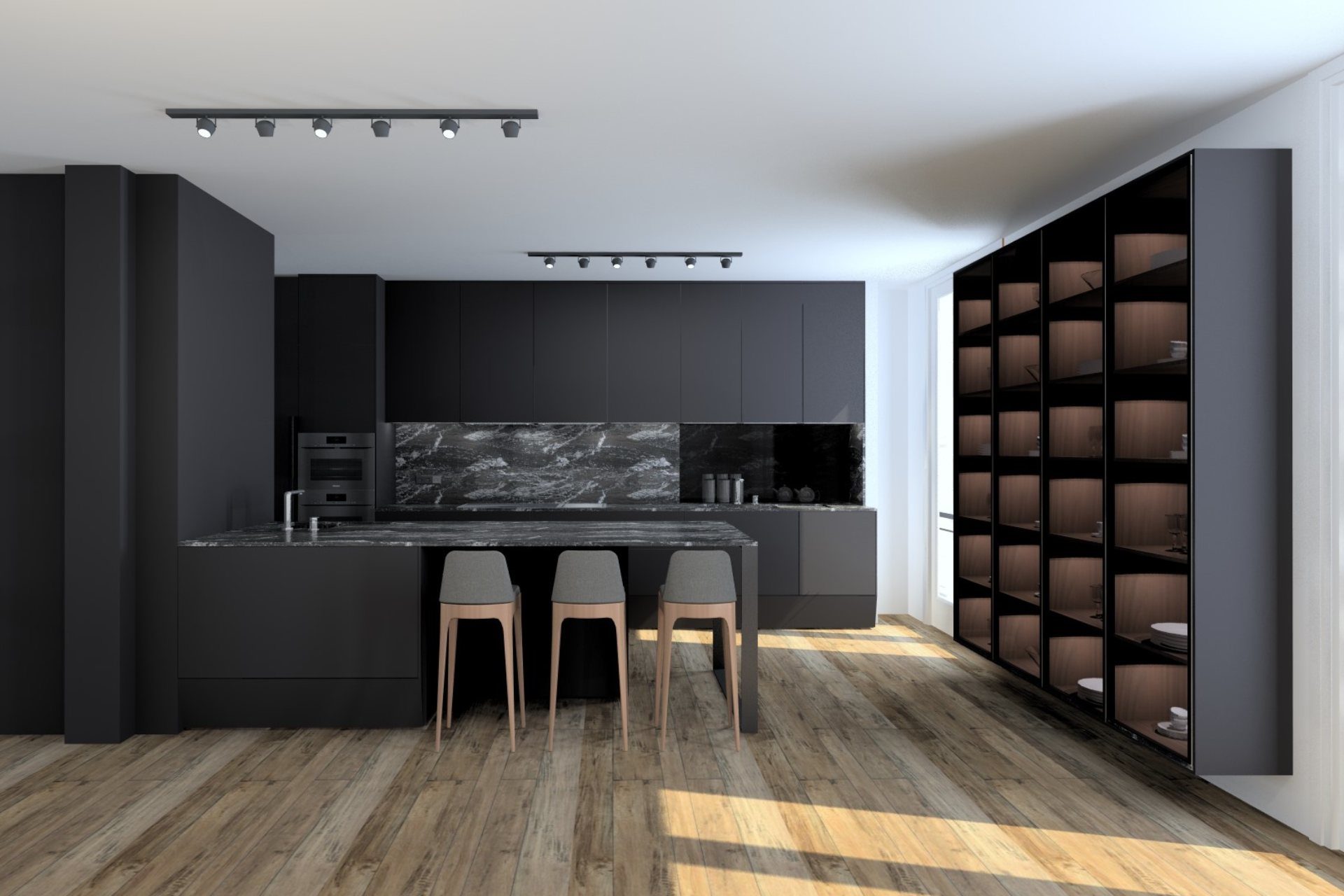 L-shaped kitchen in black and grey tones with a cabinet