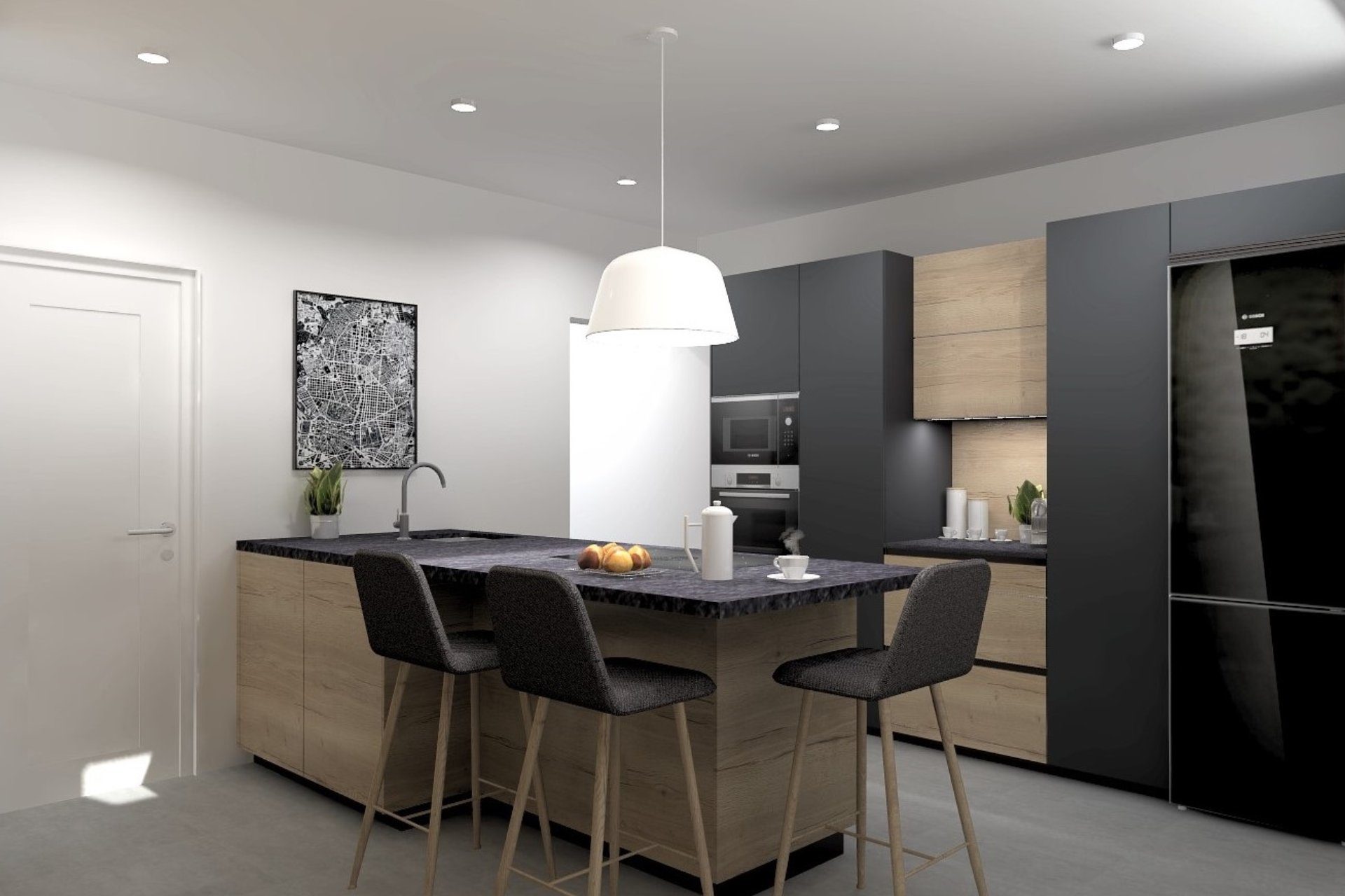 Kitchen with black and wood