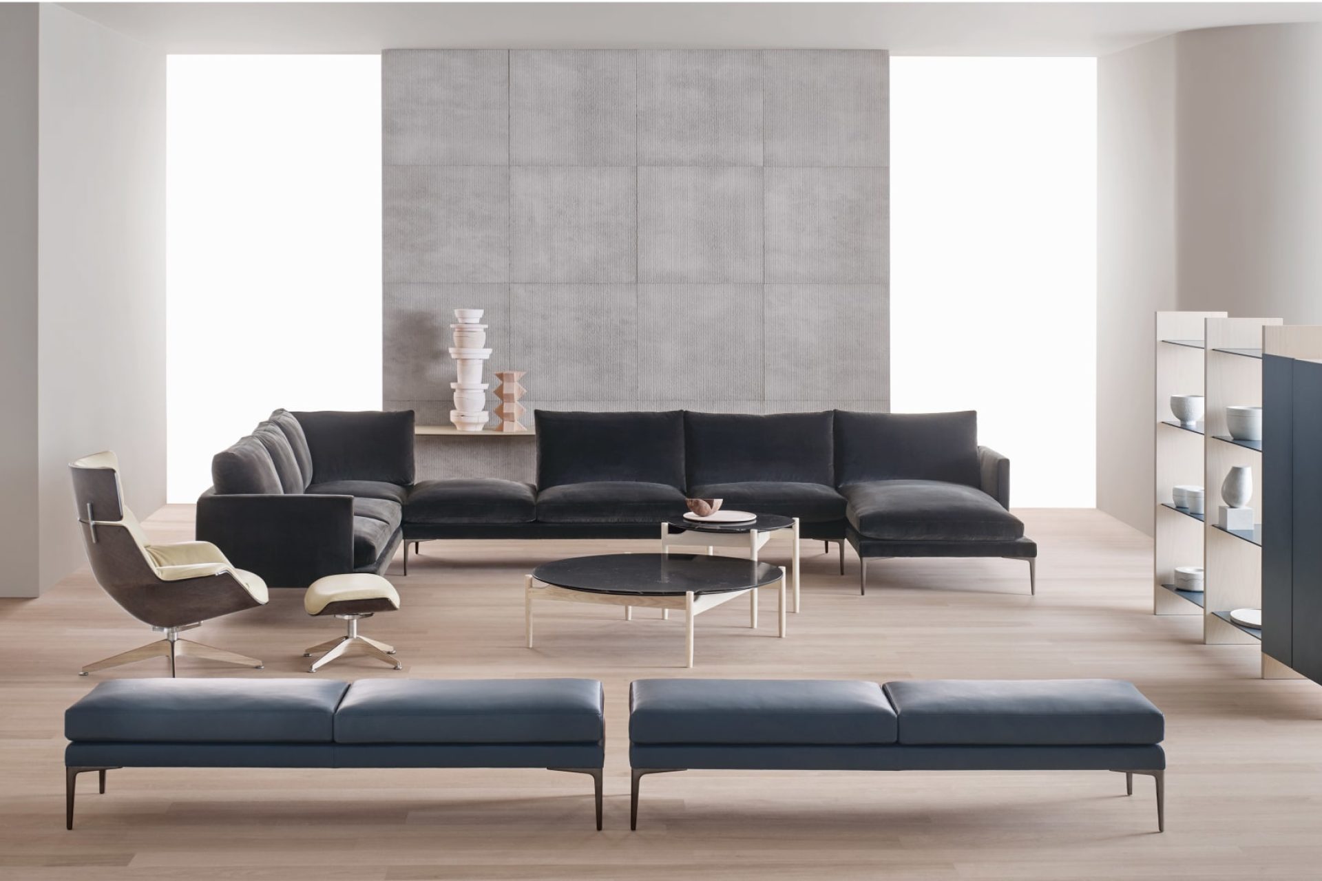Living room environment comprised by a canvas corner sofa with a metal frame
