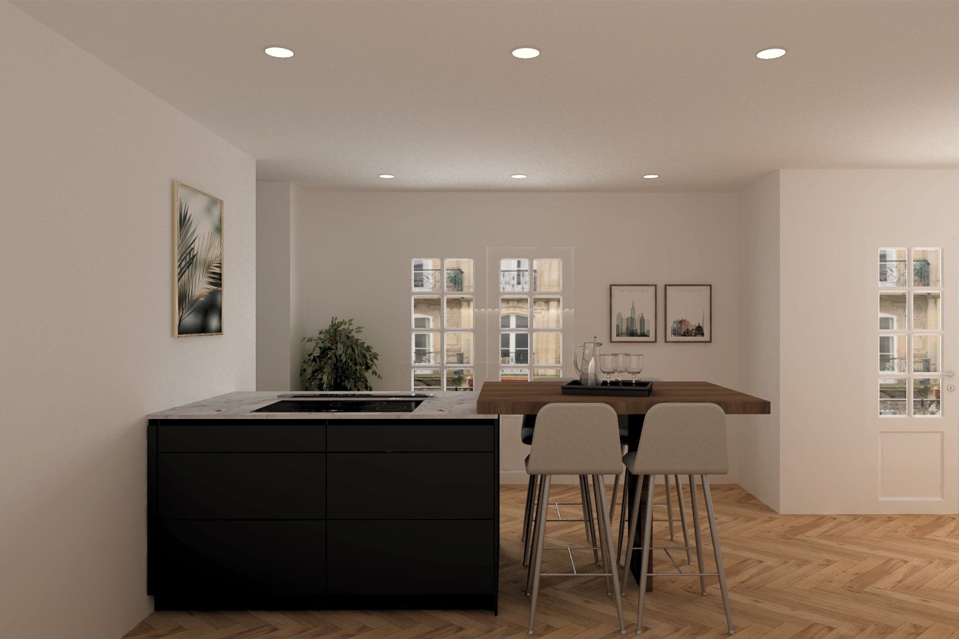Image of black central island with white worktop extended by a wooden high table and grey fabric chairs