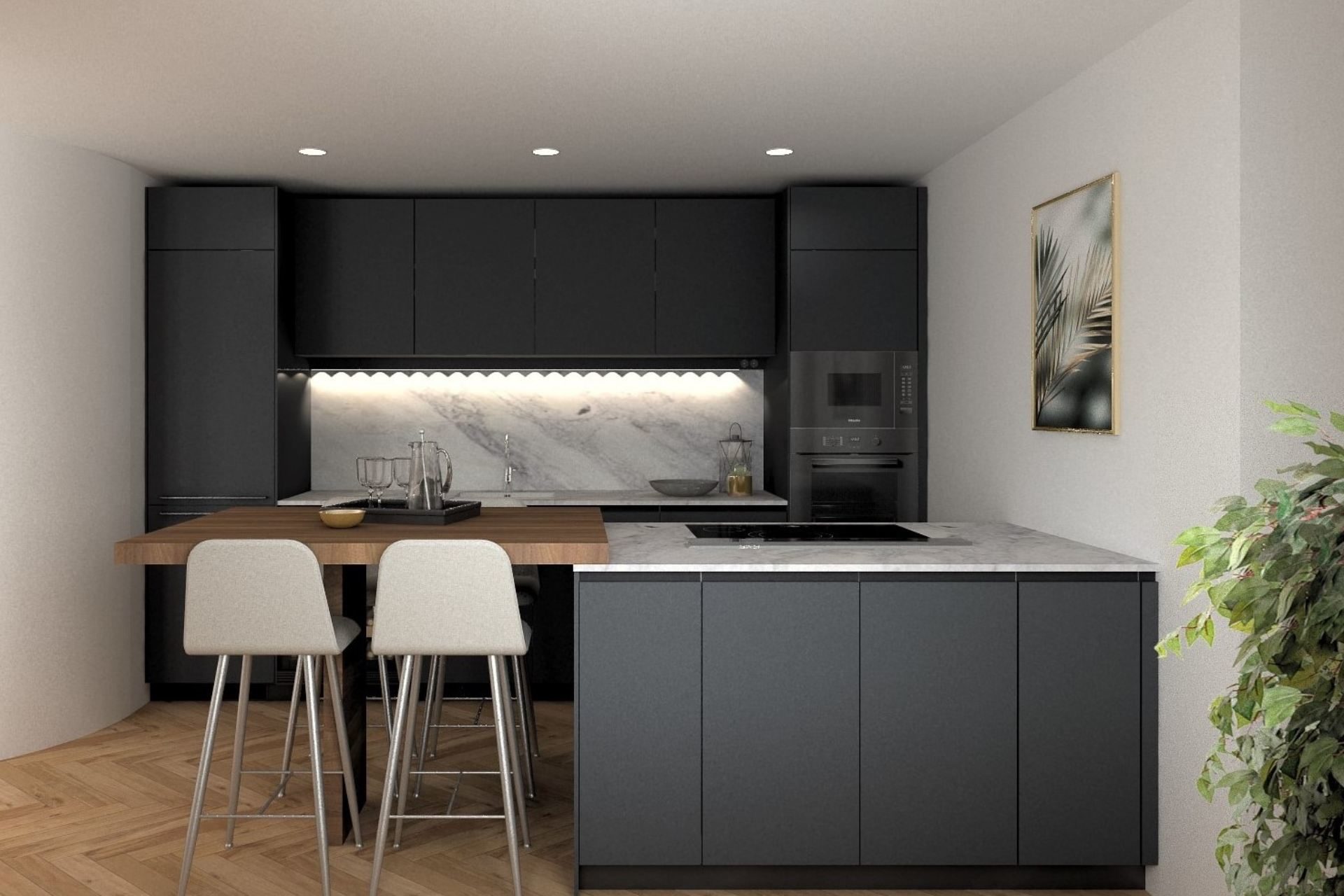 Photo of small black kitchen with central island and white worktop