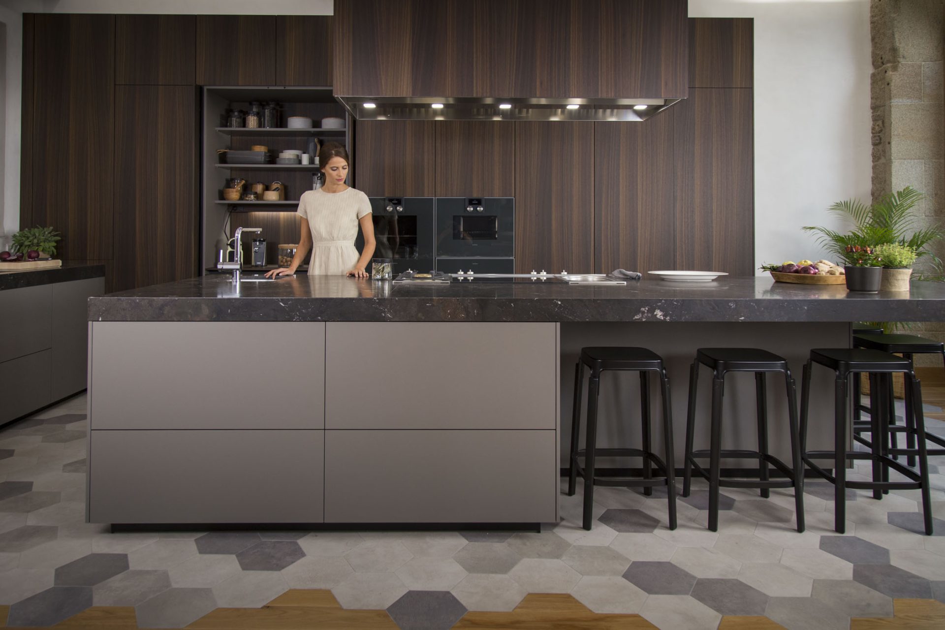 Photo of Santos kitchen project consisting of wood effect kitchen units and units with taupe fronts