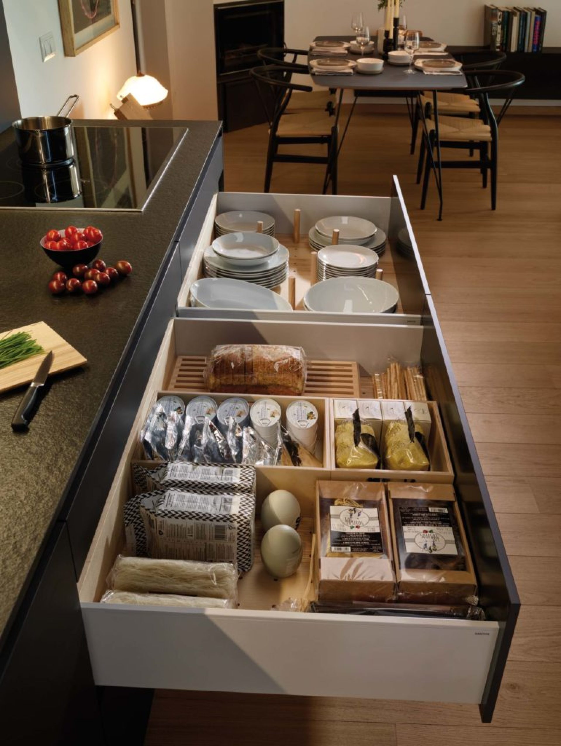 Photo of kitchen drawer organiser including a removable tray for cutting and storing bread 