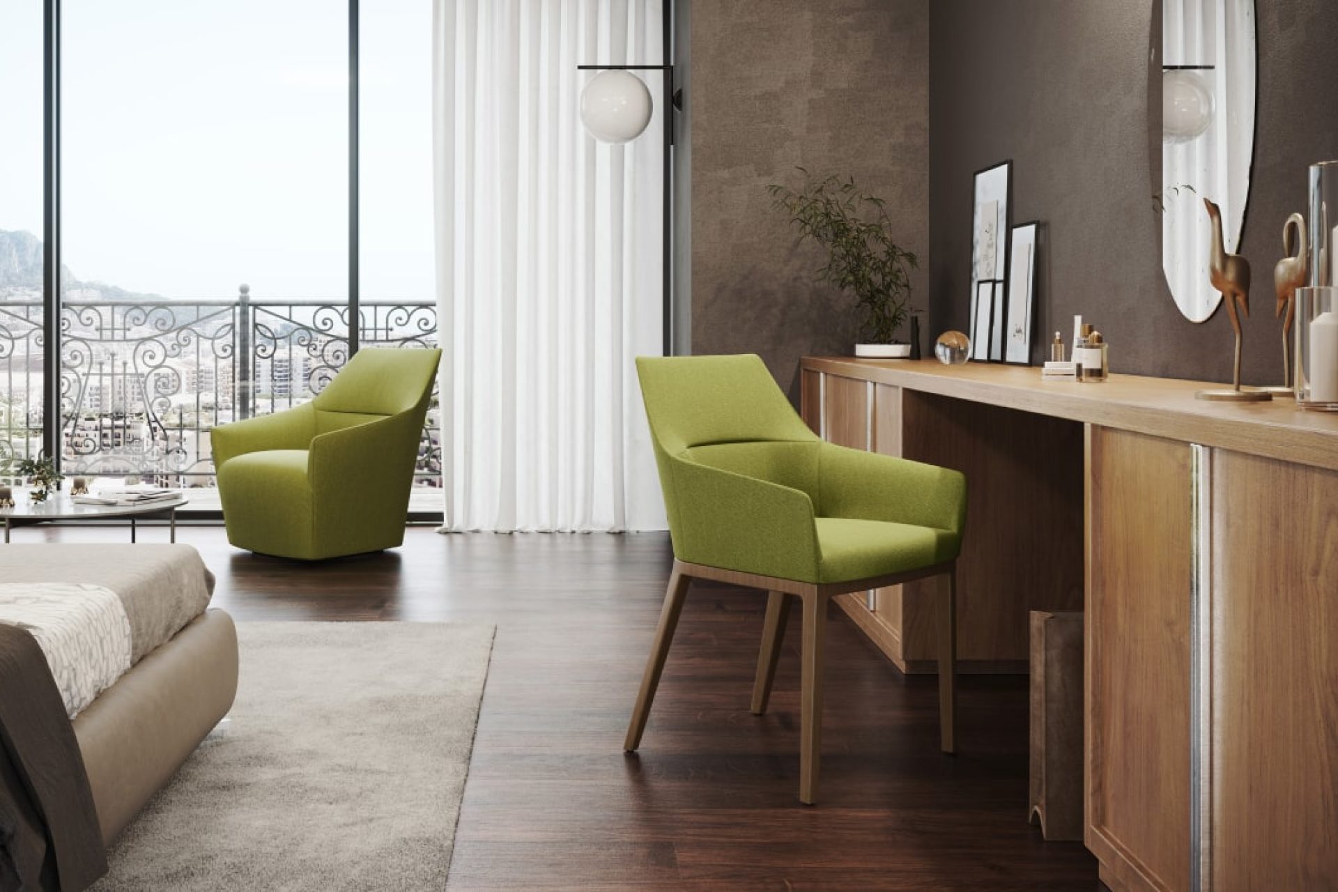 Fauteuil et chaise en bois et tissu vert dans une chambre