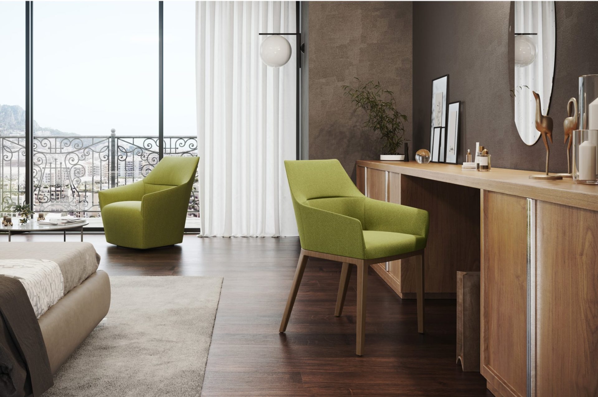 Fauteuil et chaise en bois et tissu vert dans une chambre